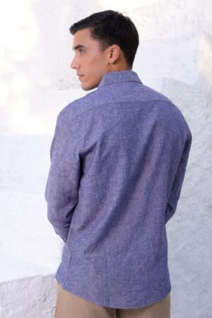 Camisa Linho Manga Longa Azul Jeans