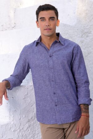 Camisa Linho Manga Longa Azul Jeans